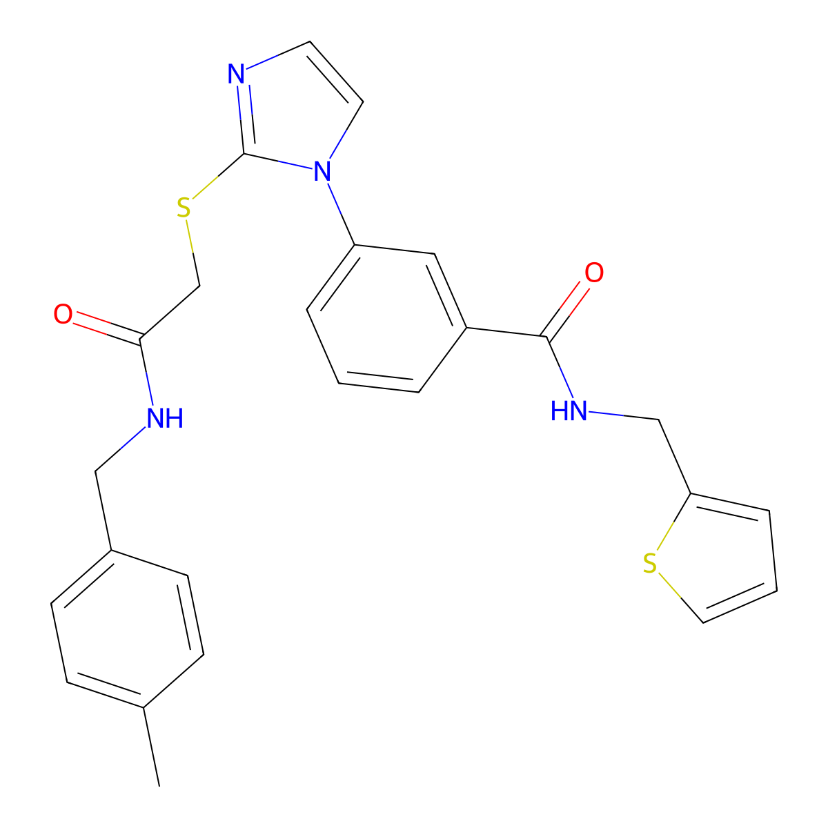 3-{2-[({[(4-methylphenyl)methyl]carbamoyl}methyl)sulfanyl]-1H-imidazol-1-yl}-N-[(thiophen-2-yl)methyl]benzamide molecular structure, CAS 1115403-53-6