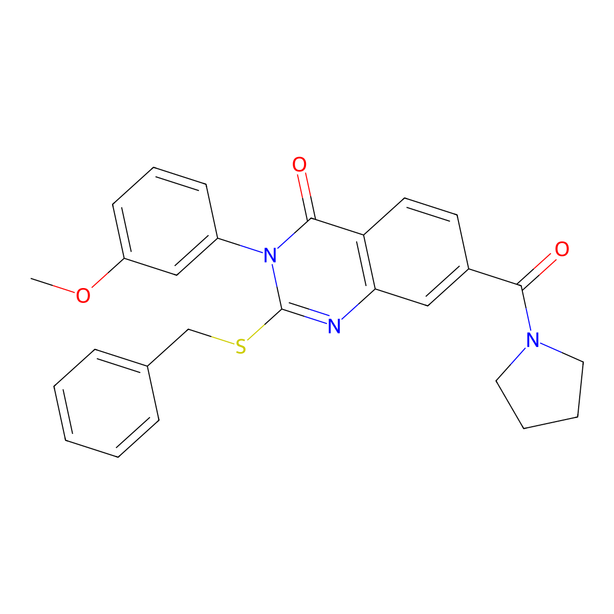 2-(benzylthio)-3-(3-methoxyphenyl)-7-(pyrrolidine-1-carbonyl)quinazolin-4(3H)-one molecular structure, CAS 1115405-64-5