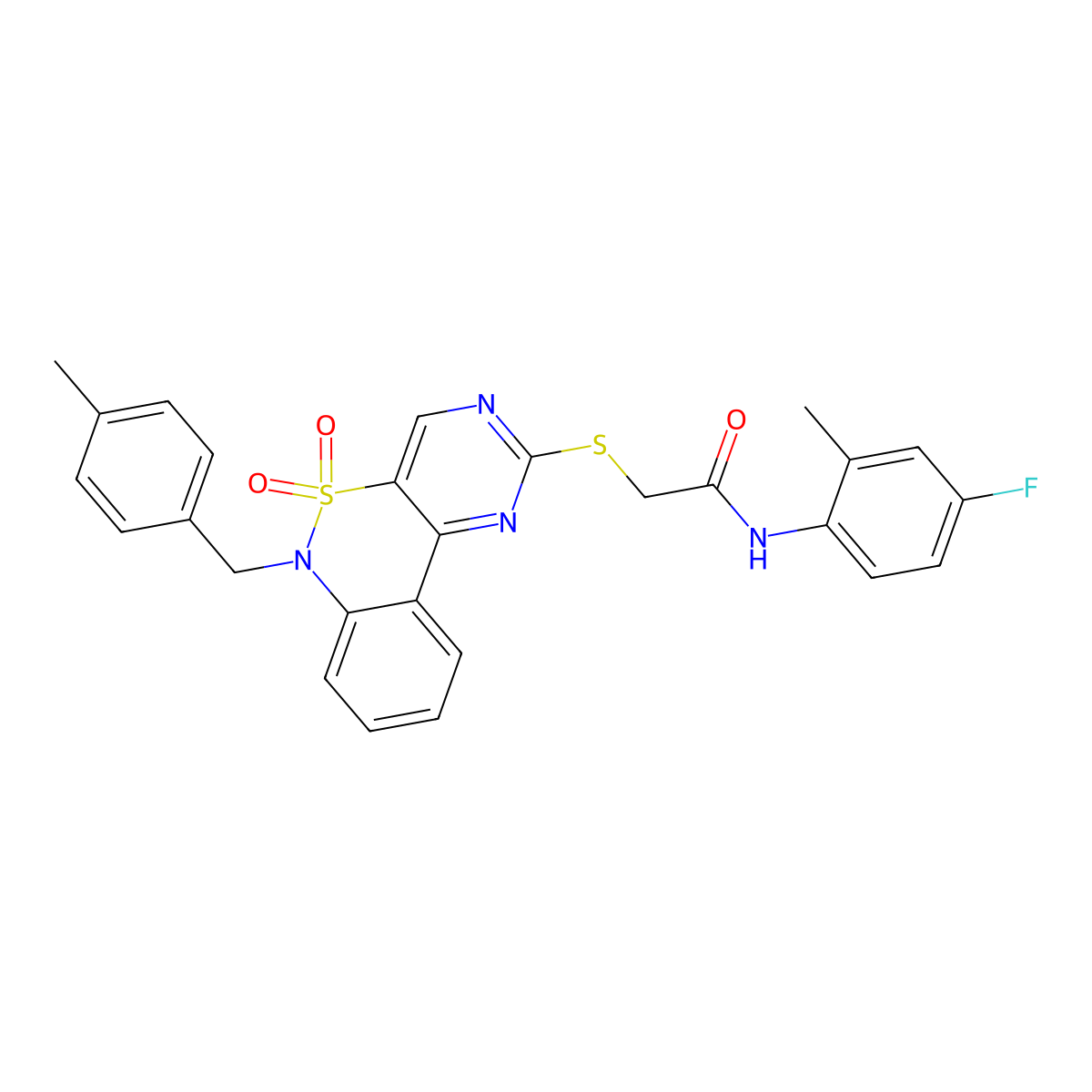 N-(4-fluoro-2-methylphenyl)-2-({9-[(4-methylphenyl)methyl]-8,8-dioxo-8lambda6-thia-3,5,9-triazatricyclo[8.4.0.0^{2,7}]tetradeca-1(14),2(7),3,5,10,12-hexaen-4-yl}sulfanyl)acetamide molecular structure, CAS 1115408-64-4