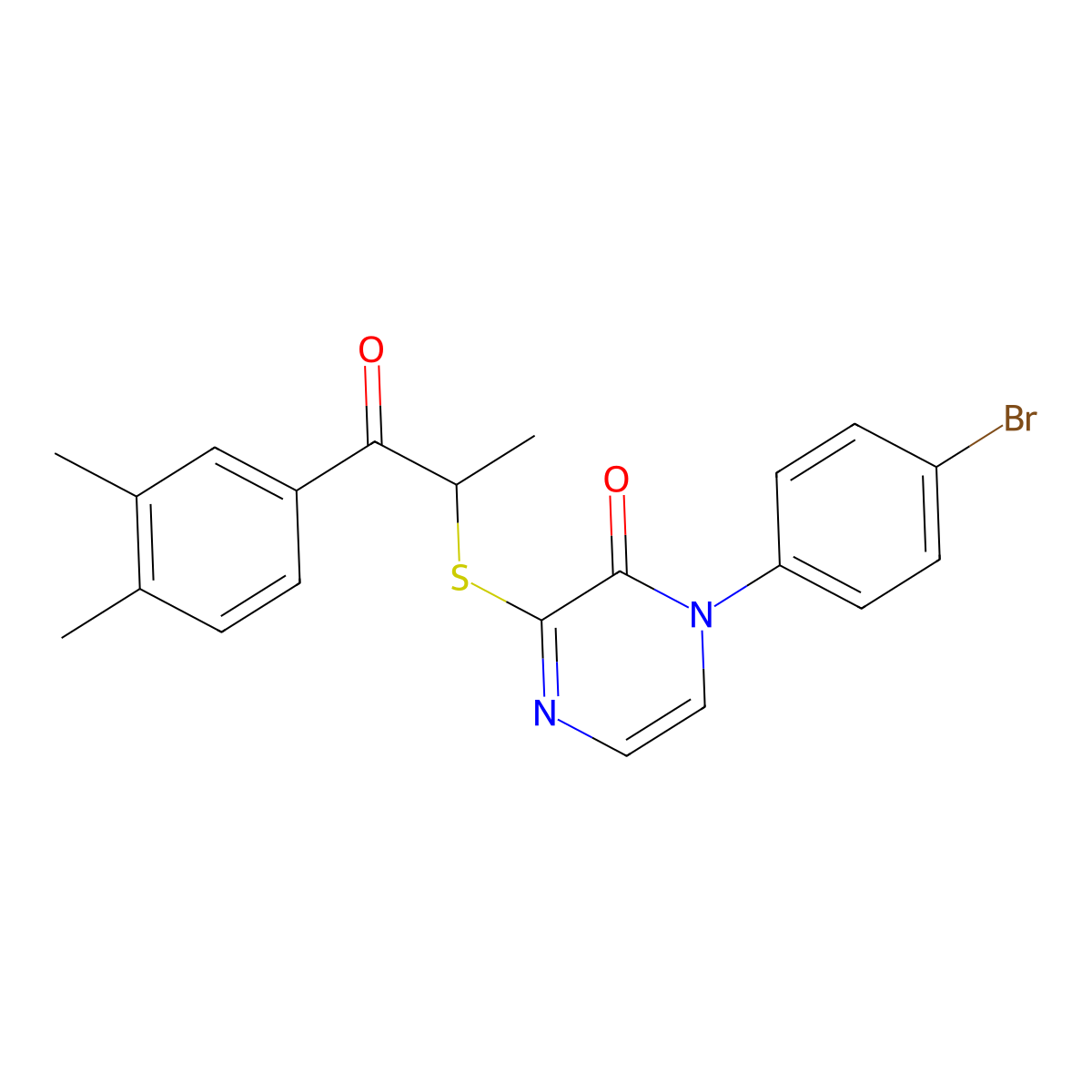 1-(4-bromophenyl)-3-((1-(3,4-dimethylphenyl)-1-oxopropan-2-yl)thio)pyrazin-2(1H)-one molecular structure, CAS 1115409-24-9