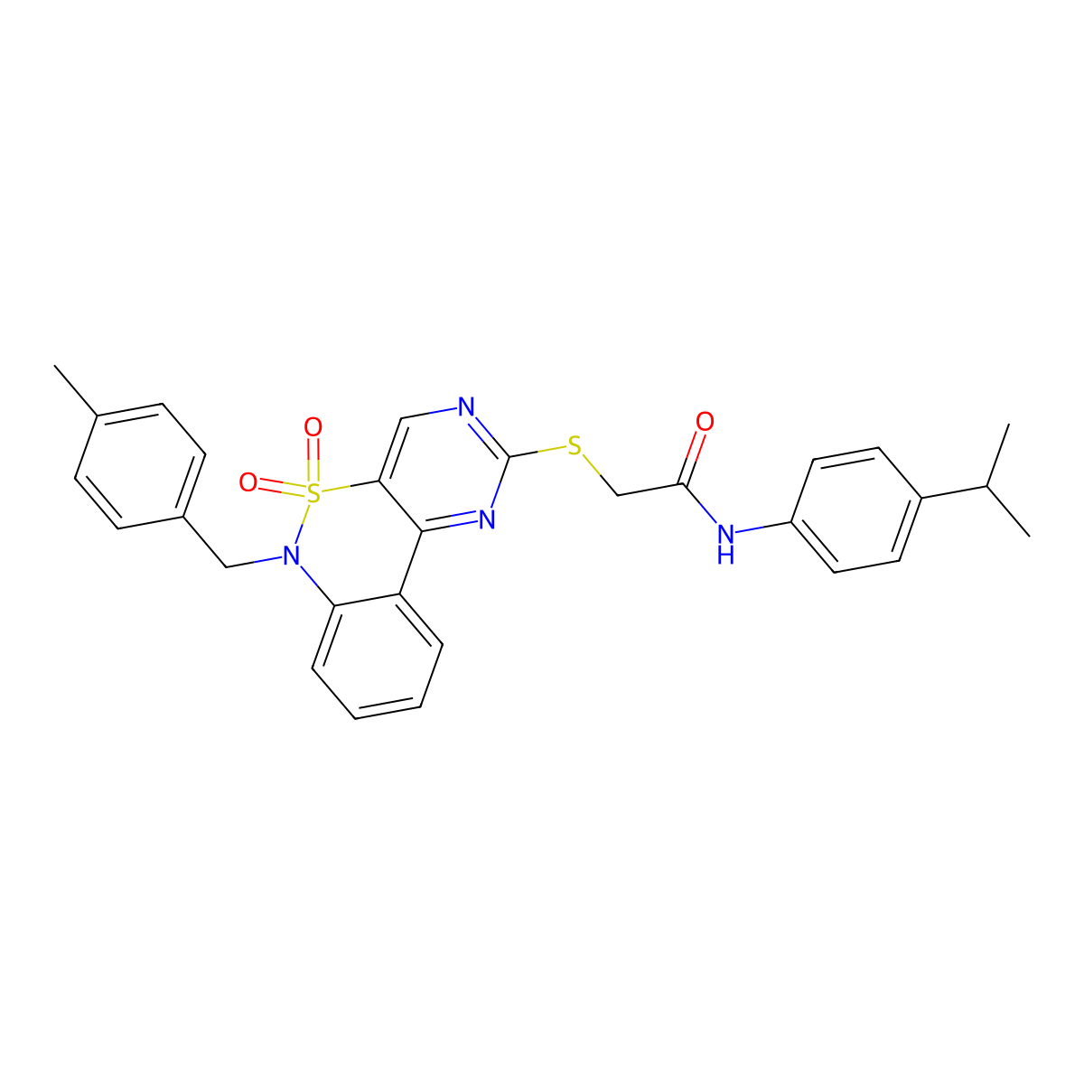 2-({9-[(4-methylphenyl)methyl]-8,8-dioxo-8lambda6-thia-3,5,9-triazatricyclo[8.4.0.0^{2,7}]tetradeca-1(14),2(7),3,5,10,12-hexaen-4-yl}sulfanyl)-N-[4-(propan-2-yl)phenyl]acetamide molecular structure, CAS 1115413-80-3