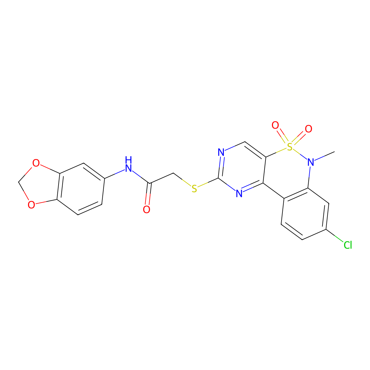 N-(2H-1,3-benzodioxol-5-yl)-2-({12-chloro-9-methyl-8,8-dioxo-8lambda6-thia-3,5,9-triazatricyclo[8.4.0.0^{2,7}]tetradeca-1(14),2(7),3,5,10,12-hexaen-4-yl}sulfanyl)acetamide molecular structure, CAS 1115413-83-6