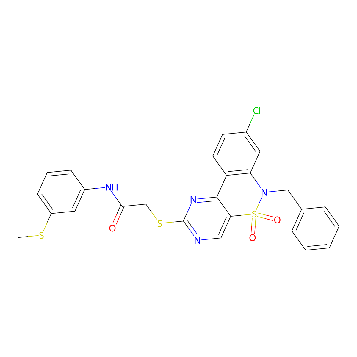 2-({9-benzyl-12-chloro-8,8-dioxo-8lambda6-thia-3,5,9-triazatricyclo[8.4.0.0^{2,7}]tetradeca-1(14),2(7),3,5,10,12-hexaen-4-yl}sulfanyl)-N-[3-(methylsulfanyl)phenyl]acetamide molecular structure, CAS 1115413-93-8