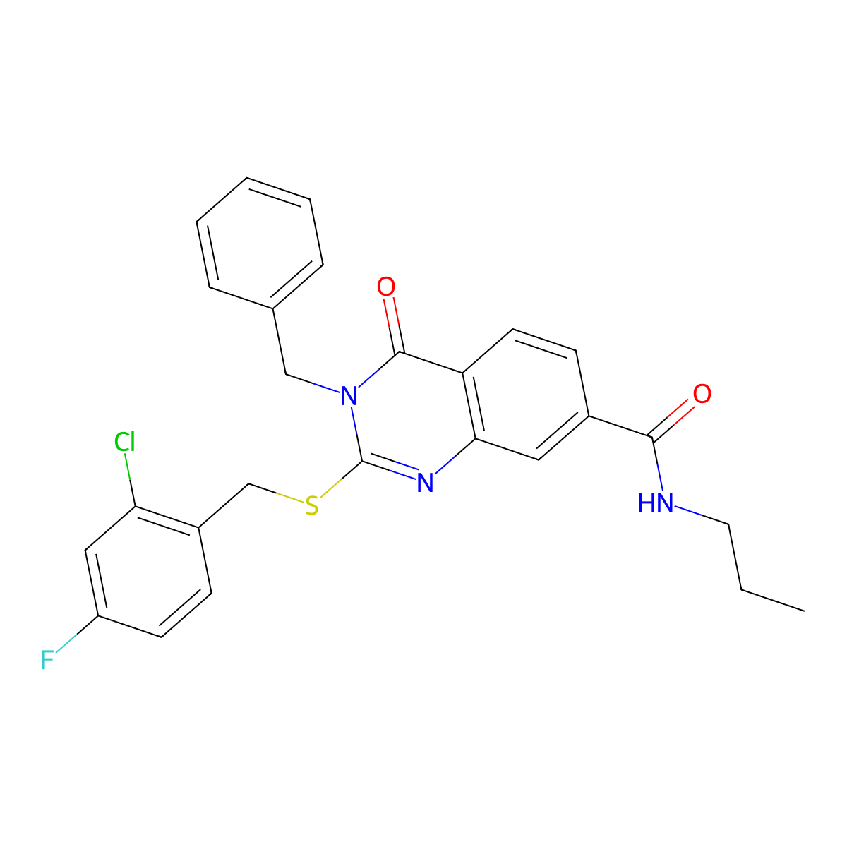 3-benzyl-2-((2-chloro-4-fluorobenzyl)thio)-4-oxo-N-propyl-3,4-dihydroquinazoline-7-carboxamide molecular structure, CAS 1115418-14-8