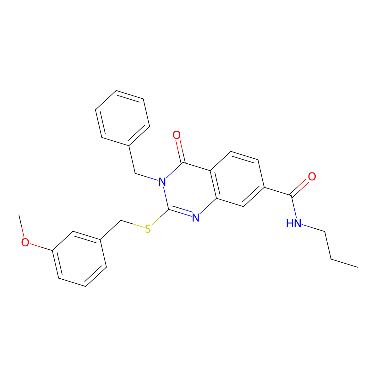 3-benzyl-2-((3-methoxybenzyl)thio)-4-oxo-N-propyl-3,4-dihydroquinazoline-7-carboxamide molecular structure, CAS 1115418-15-9