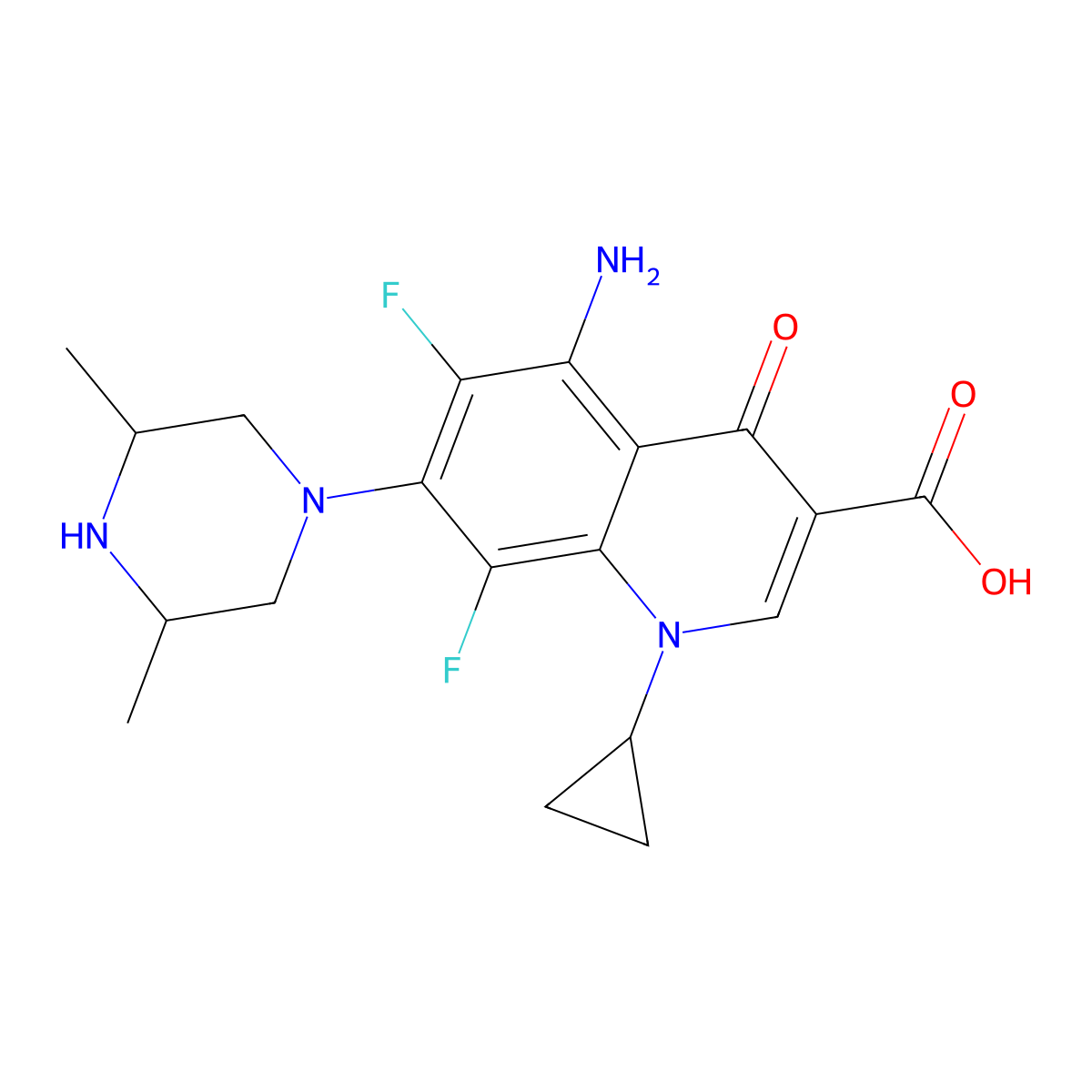 5-Amino-1-cyclopropyl-7-(3,5-dimethylpiperazin-1-yl)-6,8-difluoro-4-oxo-1,4-dihydroquinoline-3-carboxylic acid molecular structure, CAS 111542-93-9