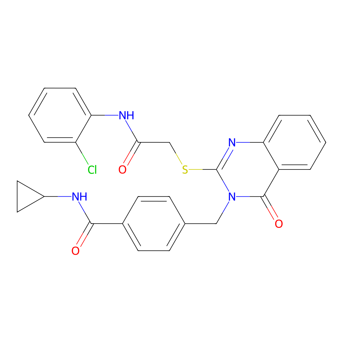 4-((2-((2-((2-chlorophenyl)amino)-2-oxoethyl)thio)-4-oxoquinazolin-3(4H)-yl)methyl)-N-cyclopropylbenzamide molecular structure, CAS 1115433-55-0