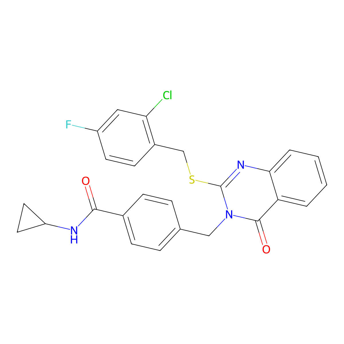 4-((2-((2-chloro-4-fluorobenzyl)thio)-4-oxoquinazolin-3(4H)-yl)methyl)-N-cyclopropylbenzamide molecular structure, CAS 1115433-57-2