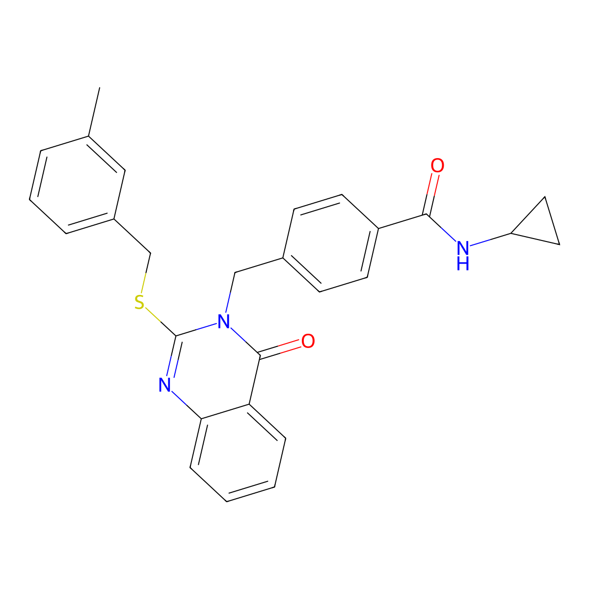 N-cyclopropyl-4-((2-((3-methylbenzyl)thio)-4-oxoquinazolin-3(4H)-yl)methyl)benzamide molecular structure, CAS 1115433-59-4