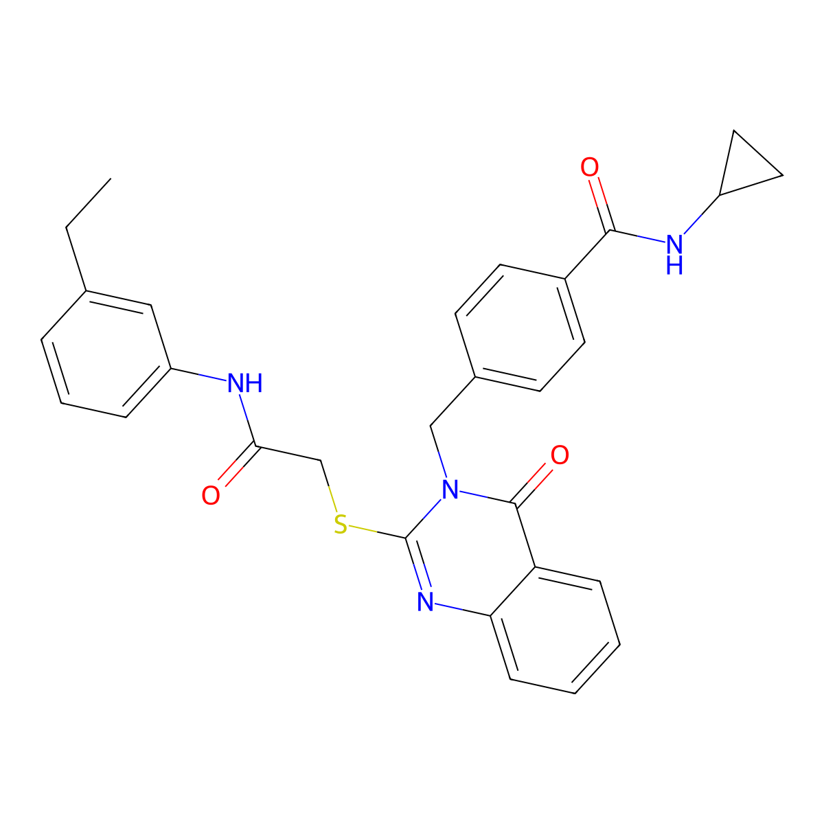 N-cyclopropyl-4-{[2-({[(3-ethylphenyl)carbamoyl]methyl}sulfanyl)-4-oxo-3,4-dihydroquinazolin-3-yl]methyl}benzamide molecular structure, CAS 1115433-63-0