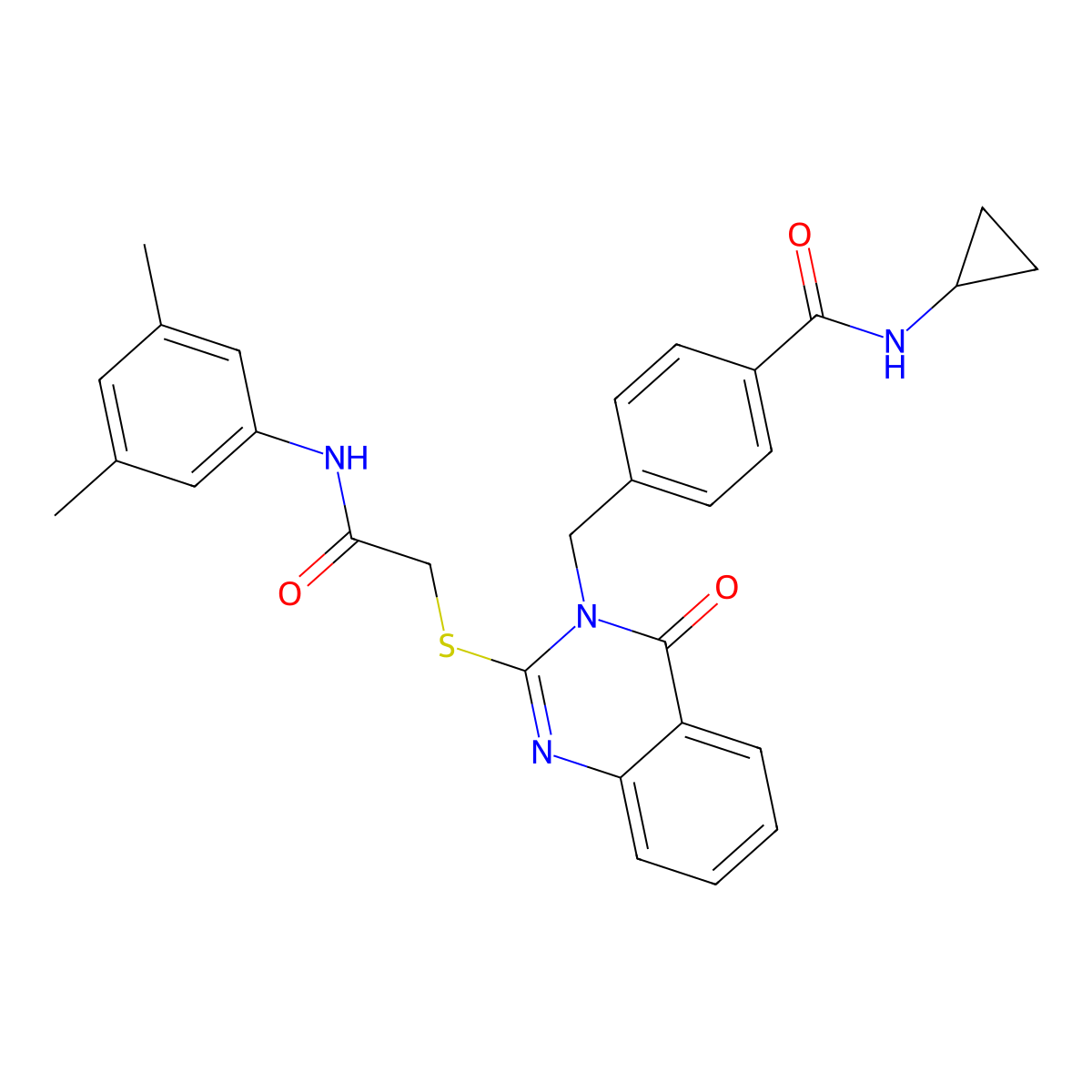 N-cyclopropyl-4-{[2-({[(3,5-dimethylphenyl)carbamoyl]methyl}sulfanyl)-4-oxo-3,4-dihydroquinazolin-3-yl]methyl}benzamide molecular structure, CAS 1115433-65-2