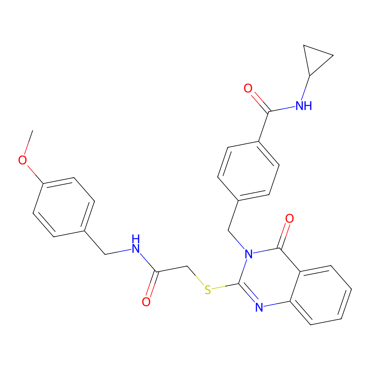 N-cyclopropyl-4-({2-[({[(4-methoxyphenyl)methyl]carbamoyl}methyl)sulfanyl]-4-oxo-3,4-dihydroquinazolin-3-yl}methyl)benzamide molecular structure, CAS 1115433-69-6