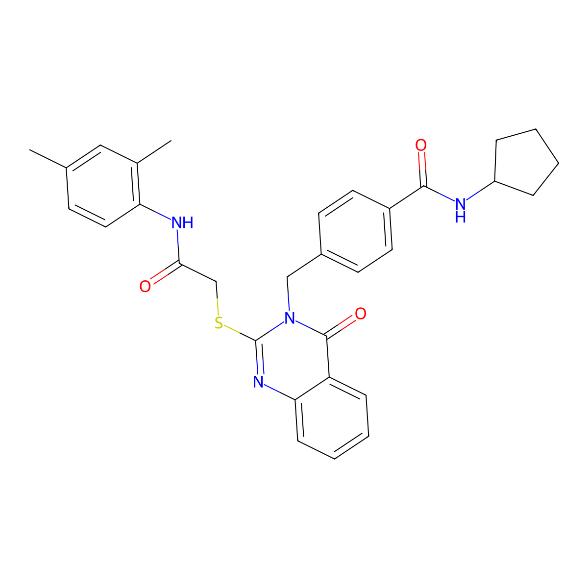 N-cyclopentyl-4-{[2-({[(2,4-dimethylphenyl)carbamoyl]methyl}sulfanyl)-4-oxo-3,4-dihydroquinazolin-3-yl]methyl}benzamide molecular structure, CAS 1115433-86-7