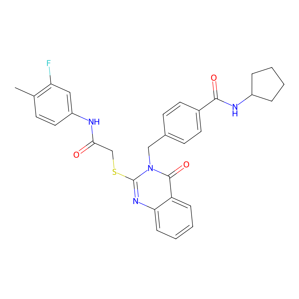 N-cyclopentyl-4-((2-((2-((3-fluoro-4-methylphenyl)amino)-2-oxoethyl)thio)-4-oxoquinazolin-3(4H)-yl)methyl)benzamide molecular structure, CAS 1115433-88-9