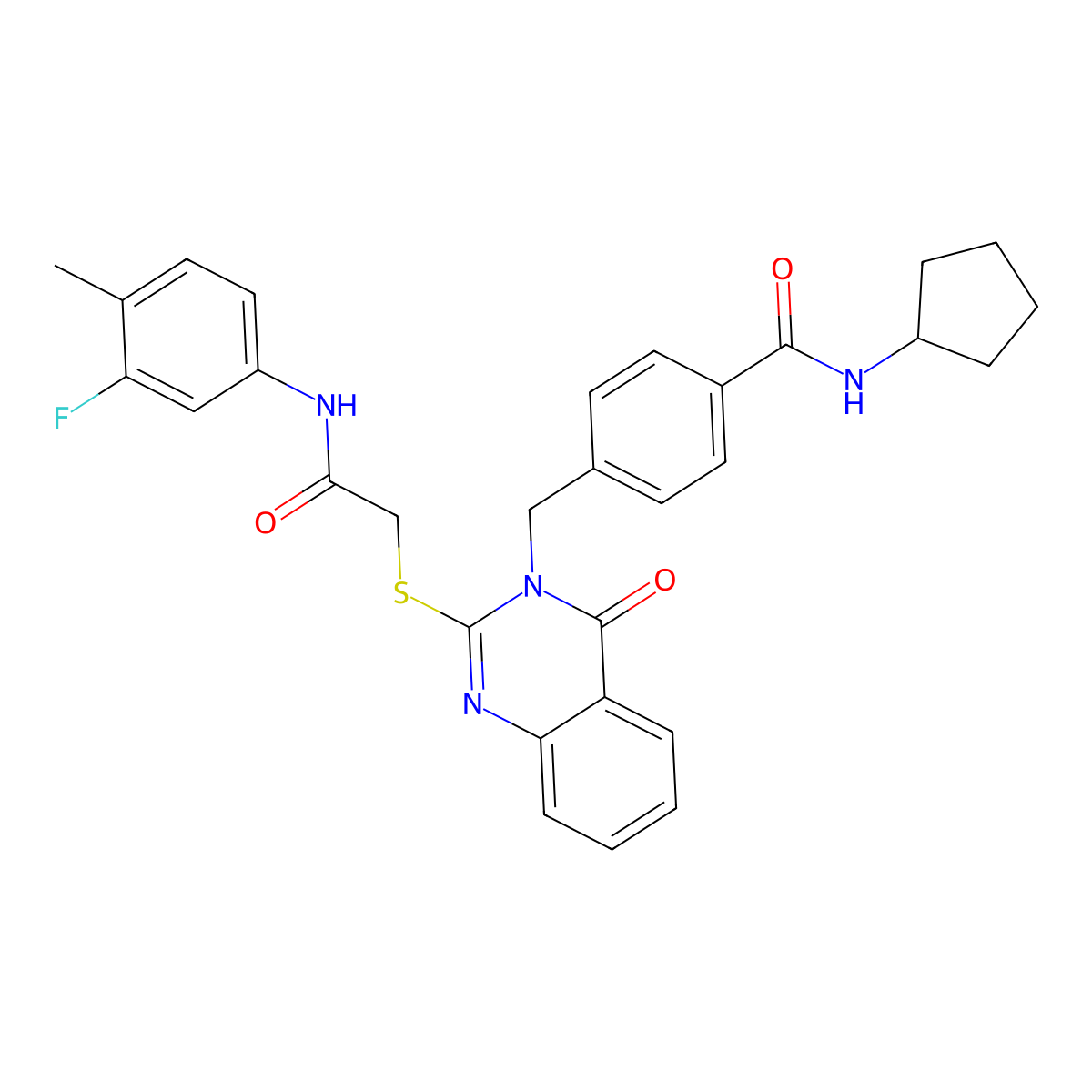 N-cyclopentyl-4-((2-((2-((3-fluoro-4-methylphenyl)amino)-2-oxoethyl)thio)-4-oxoquinazolin-3(4H)-yl)methyl)benzamide molecular structure, CAS 1115433-88-9