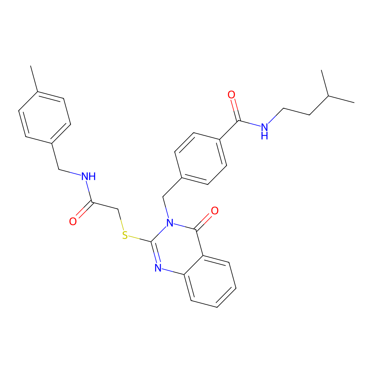 N-isopentyl-4-((2-((2-((4-methylbenzyl)amino)-2-oxoethyl)thio)-4-oxoquinazolin-3(4H)-yl)methyl)benzamide molecular structure, CAS 1115434-08-6