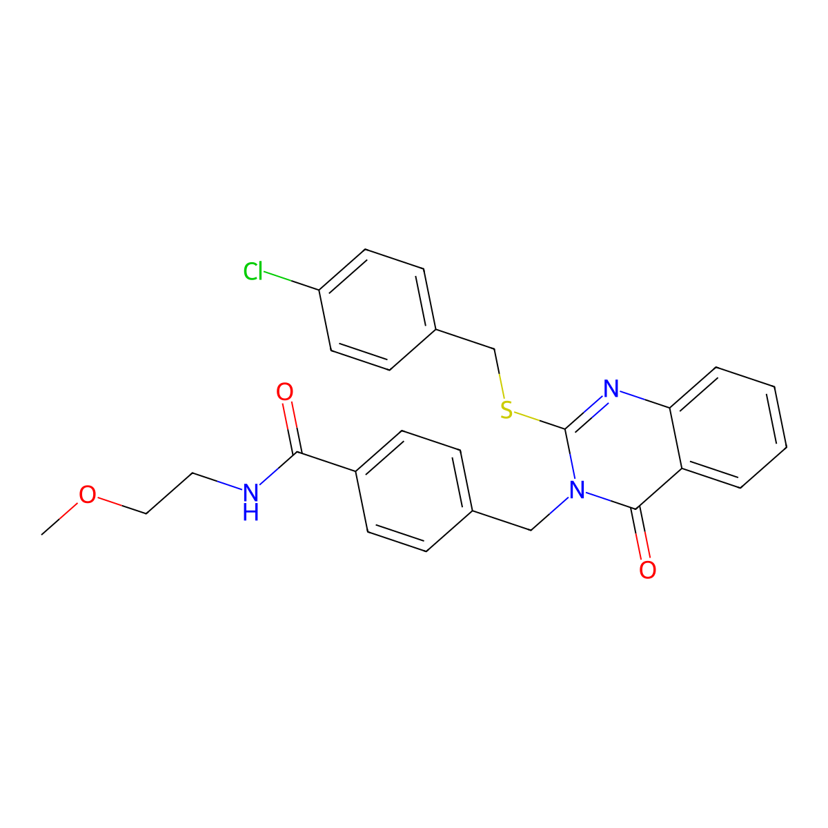 4-((2-((4-chlorobenzyl)thio)-4-oxoquinazolin-3(4H)-yl)methyl)-N-(2-methoxyethyl)benzamide molecular structure, CAS 1115434-19-9