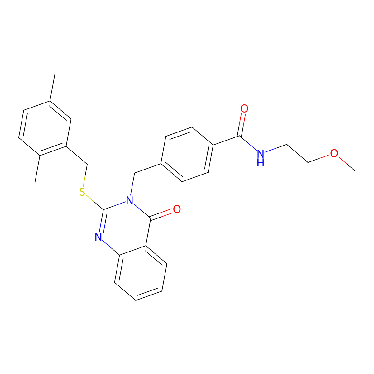 4-((2-((2,5-dimethylbenzyl)thio)-4-oxoquinazolin-3(4H)-yl)methyl)-N-(2-methoxyethyl)benzamide molecular structure, CAS 1115434-30-4