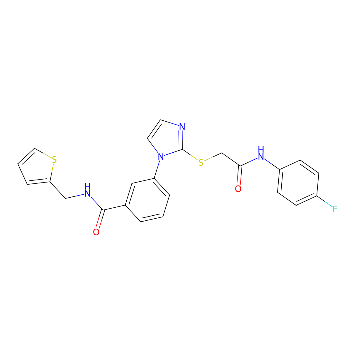 3-[2-({[(4-fluorophenyl)carbamoyl]methyl}sulfanyl)-1H-imidazol-1-yl]-N-[(thiophen-2-yl)methyl]benzamide molecular structure, CAS 1115439-98-9