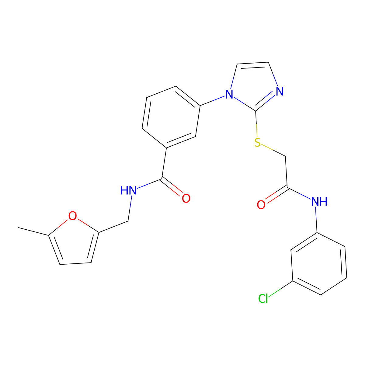 3-[2-({[(3-chlorophenyl)carbamoyl]methyl}sulfanyl)-1H-imidazol-1-yl]-N-[(5-methylfuran-2-yl)methyl]benzamide molecular structure, CAS 1115440-40-8