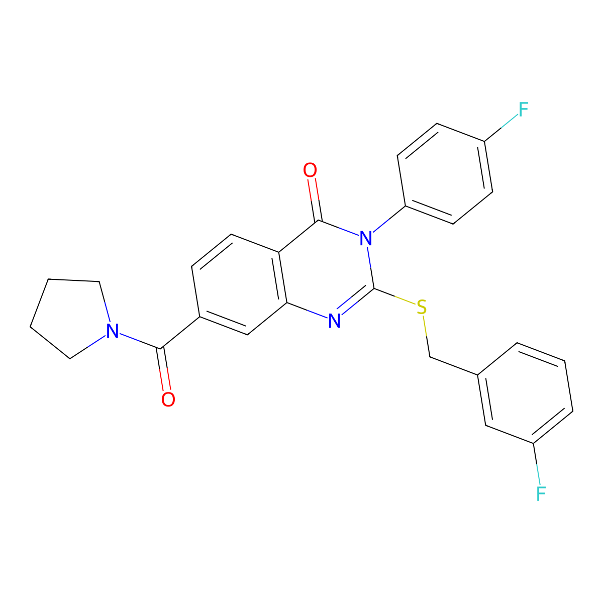 2-((3-fluorobenzyl)thio)-3-(4-fluorophenyl)-7-(pyrrolidine-1-carbonyl)quinazolin-4(3H)-one molecular structure, CAS 1115452-73-7