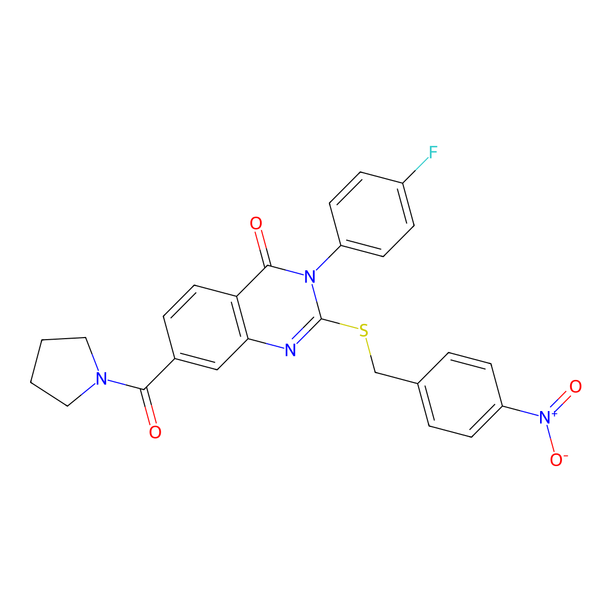 3-(4-fluorophenyl)-2-((4-nitrobenzyl)thio)-7-(pyrrolidine-1-carbonyl)quinazolin-4(3H)-one molecular structure, CAS 1115452-76-0