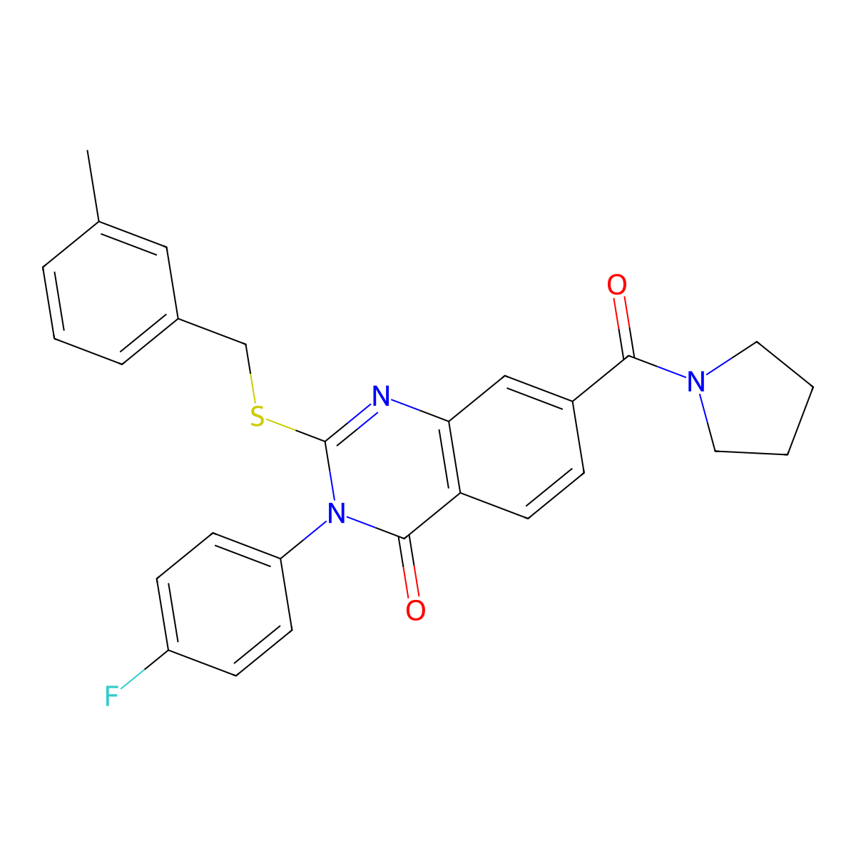 3-(4-fluorophenyl)-2-((3-methylbenzyl)thio)-7-(pyrrolidine-1-carbonyl)quinazolin-4(3H)-one molecular structure, CAS 1115452-77-1