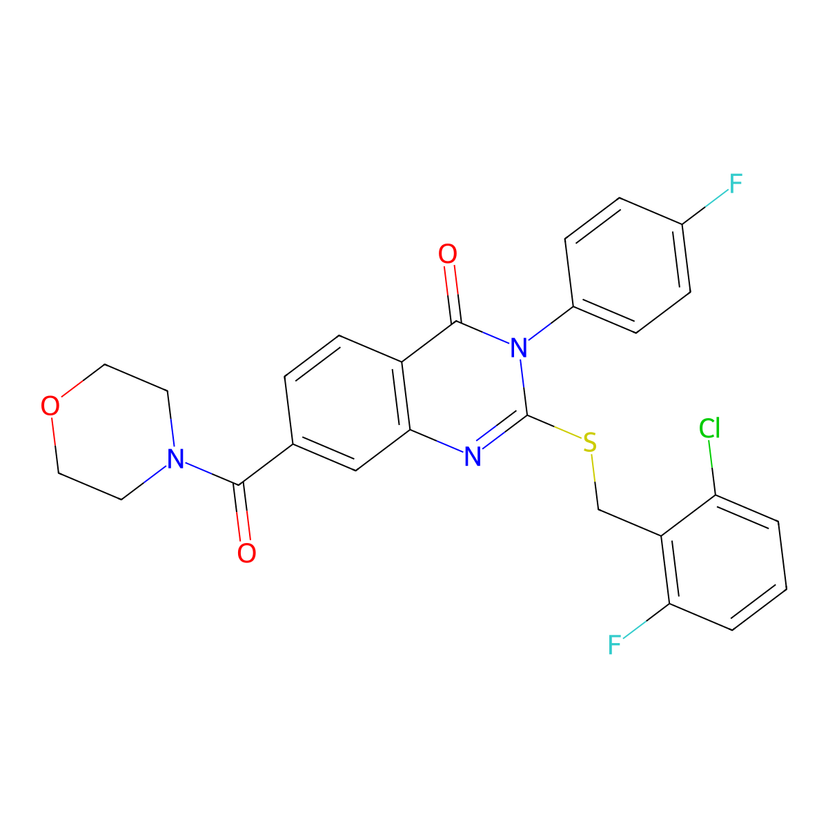 2-((2-chloro-6-fluorobenzyl)thio)-3-(4-fluorophenyl)-7-(morpholine-4-carbonyl)quinazolin-4(3H)-one molecular structure, CAS 1115453-01-4