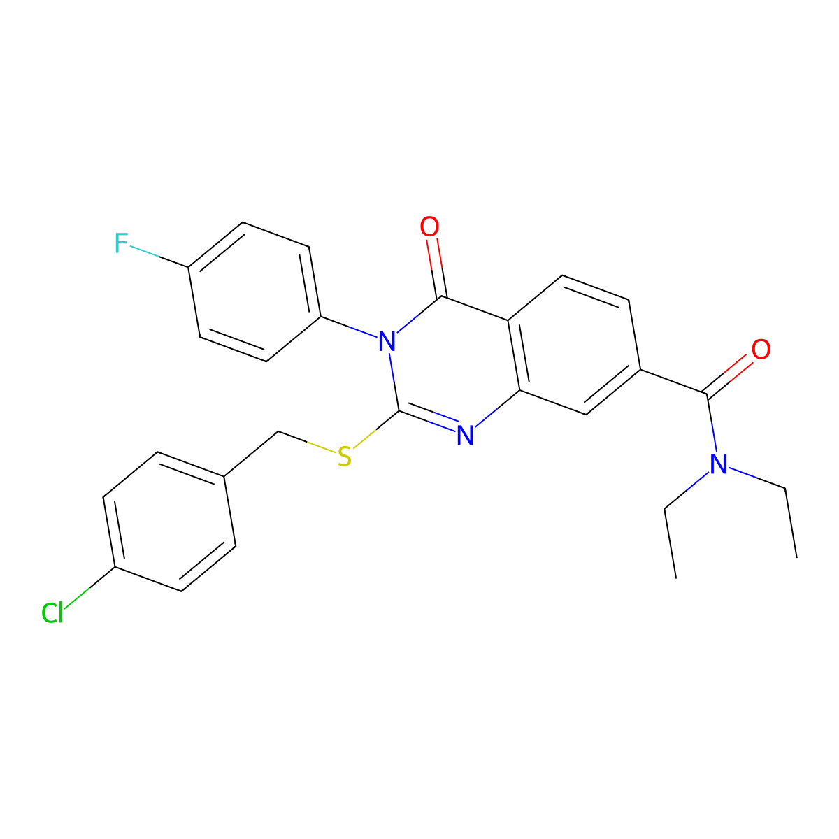 2-((4-chlorobenzyl)thio)-N,N-diethyl-3-(4-fluorophenyl)-4-oxo-3,4-dihydroquinazoline-7-carboxamide molecular structure, CAS 1115453-03-6