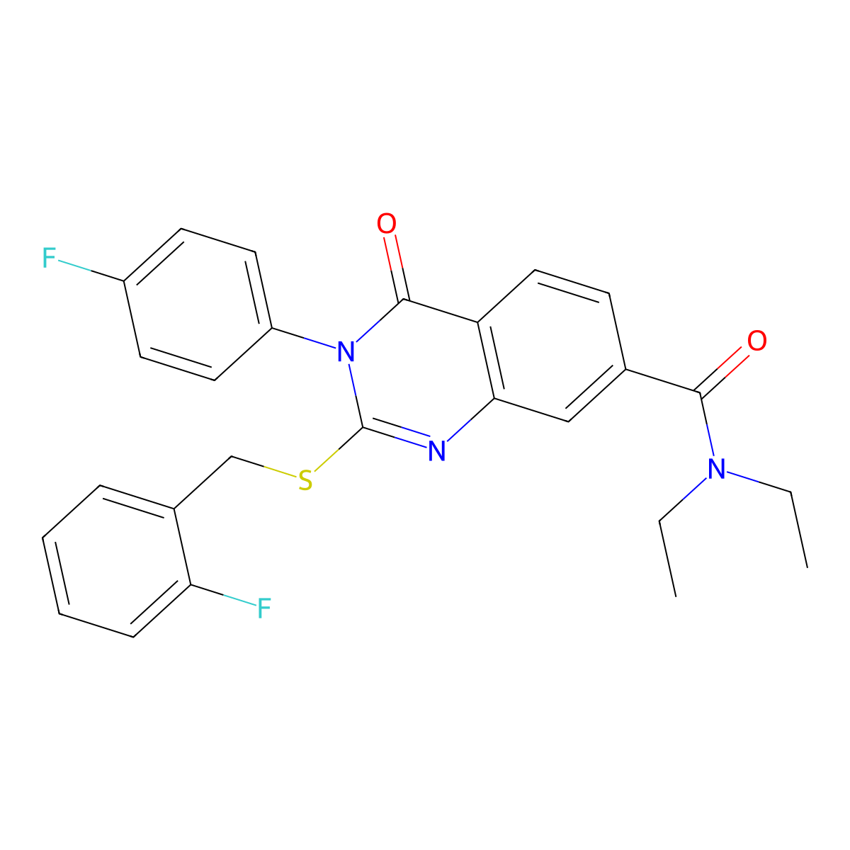 N,N-diethyl-2-((2-fluorobenzyl)thio)-3-(4-fluorophenyl)-4-oxo-3,4-dihydroquinazoline-7-carboxamide molecular structure, CAS 1115453-04-7