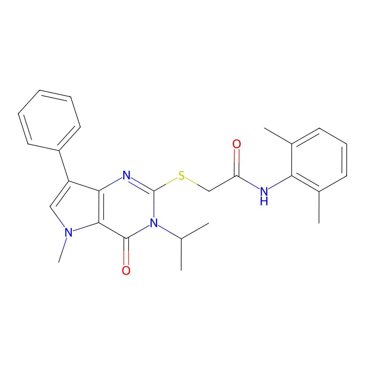 N-(2,6-dimethylphenyl)-2-((3-isopropyl-5-methyl-4-oxo-7-phenyl-4,5-dihydro-3H-pyrrolo[3,2-d]pyrimidin-2-yl)thio)acetamide molecular structure, CAS 1115458-24-6