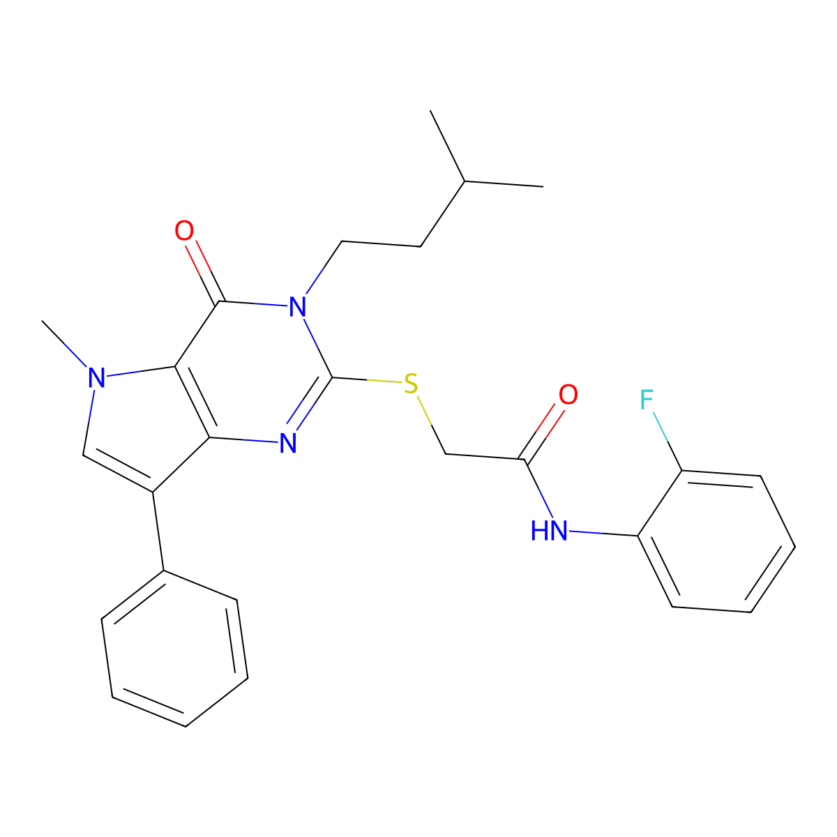 N-(2-fluorophenyl)-2-((3-isopentyl-5-methyl-4-oxo-7-phenyl-4,5-dihydro-3H-pyrrolo[3,2-d]pyrimidin-2-yl)thio)acetamide molecular structure, CAS 1115458-32-6