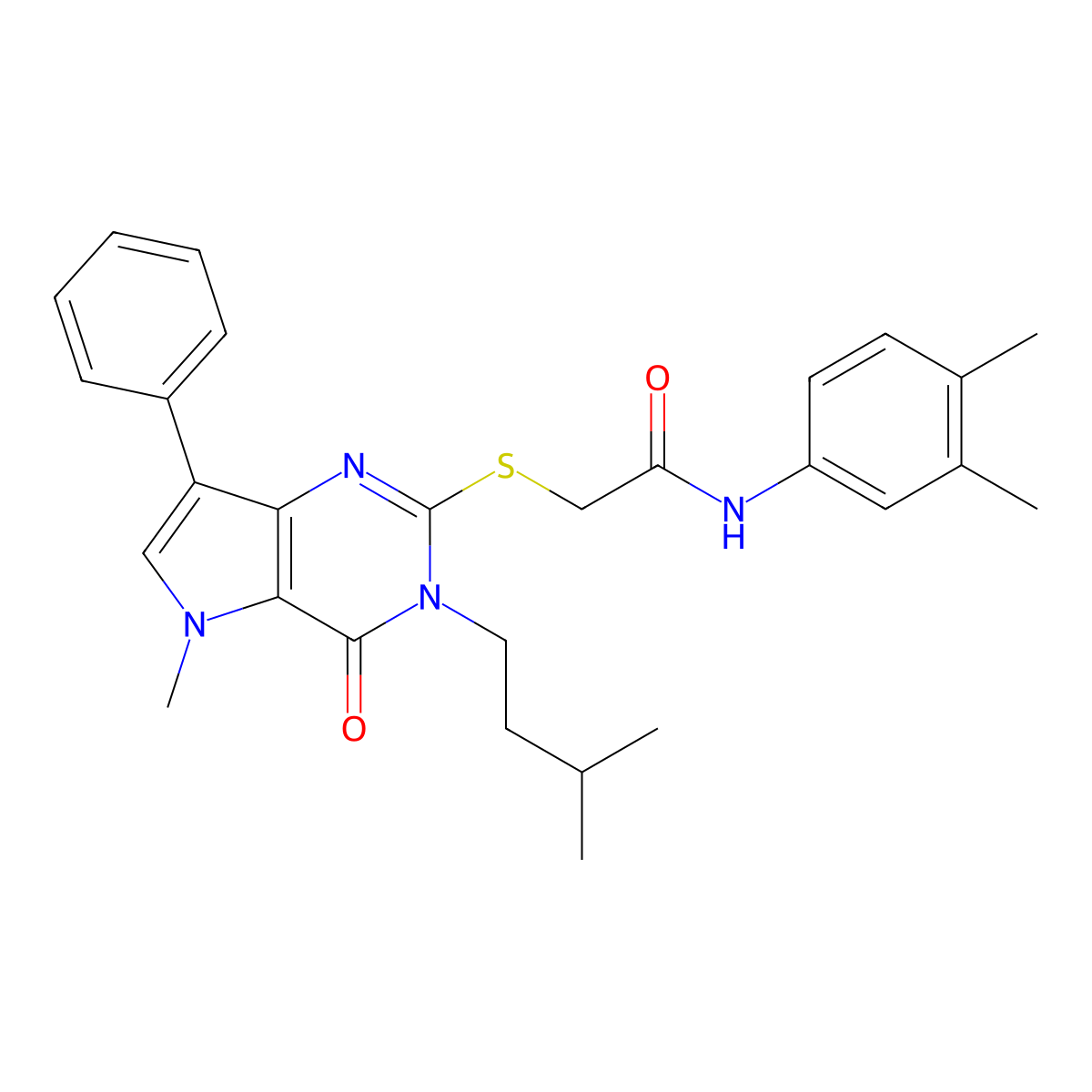 N-(3,4-dimethylphenyl)-2-{[5-methyl-3-(3-methylbutyl)-4-oxo-7-phenyl-3H,4H,5H-pyrrolo[3,2-d]pyrimidin-2-yl]sulfanyl}acetamide molecular structure, CAS 1115458-36-0