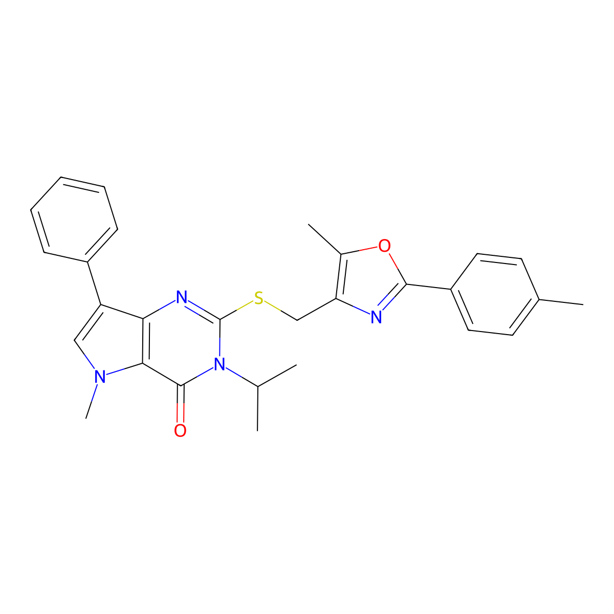 3-isopropyl-5-methyl-2-(((5-methyl-2-(p-tolyl)oxazol-4-yl)methyl)thio)-7-phenyl-3H-pyrrolo[3,2-d]pyrimidin-4(5H)-one molecular structure, CAS 1115458-72-4