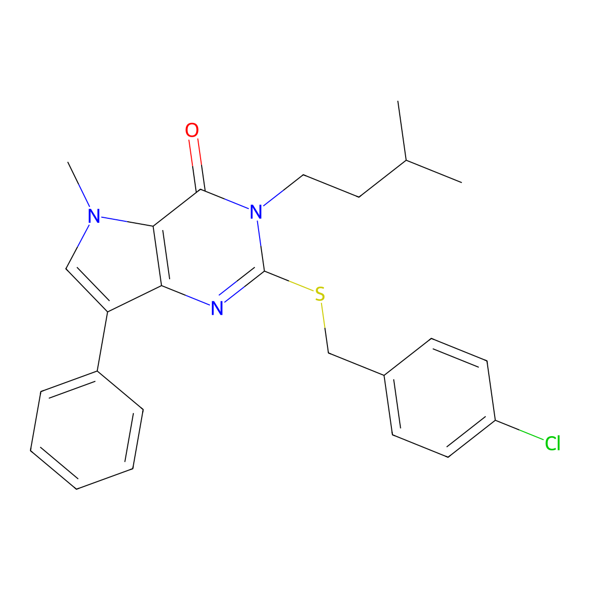 2-((4-chlorobenzyl)thio)-3-isopentyl-5-methyl-7-phenyl-3H-pyrrolo[3,2-d]pyrimidin-4(5H)-one molecular structure, CAS 1115458-89-3