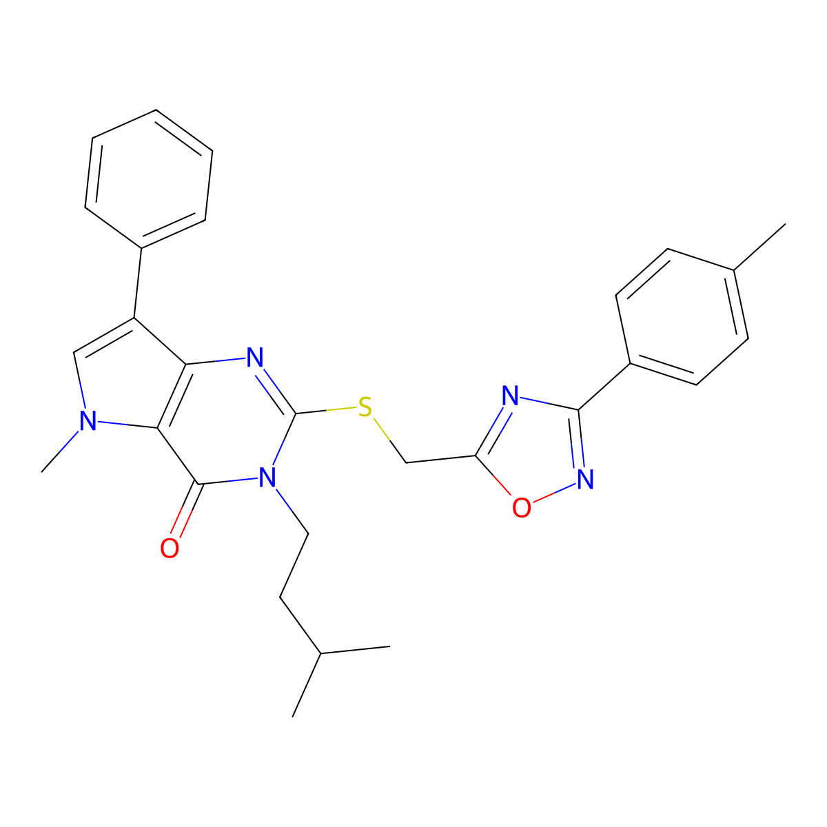 3-isopentyl-5-methyl-7-phenyl-2-(((3-(p-tolyl)-1,2,4-oxadiazol-5-yl)methyl)thio)-3H-pyrrolo[3,2-d]pyrimidin-4(5H)-one molecular structure, CAS 1115458-99-5