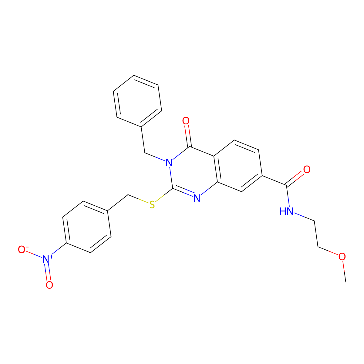 3-benzyl-N-(2-methoxyethyl)-2-((4-nitrobenzyl)thio)-4-oxo-3,4-dihydroquinazoline-7-carboxamide molecular structure, CAS 1115485-26-1