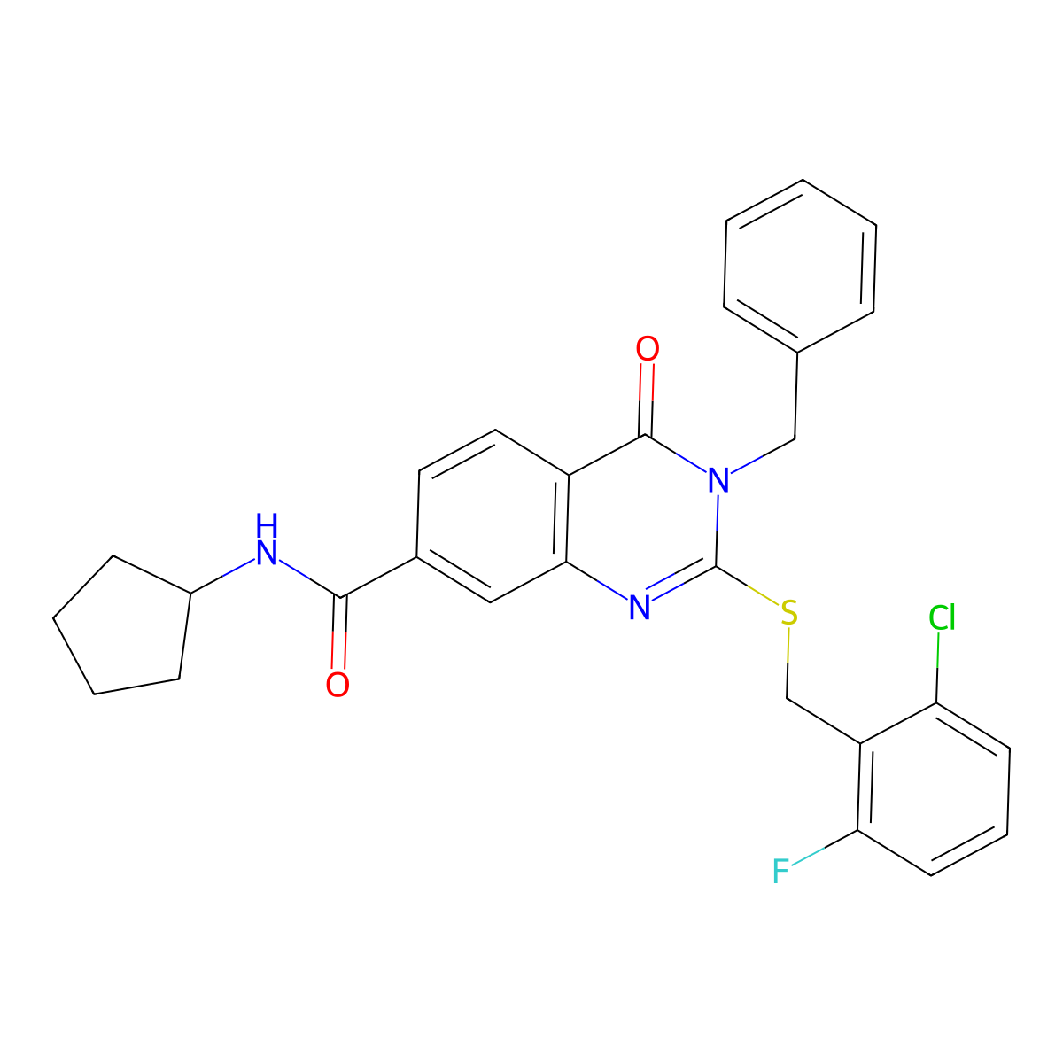 3-benzyl-2-((2-chloro-6-fluorobenzyl)thio)-N-cyclopentyl-4-oxo-3,4-dihydroquinazoline-7-carboxamide molecular structure, CAS 1115485-39-6