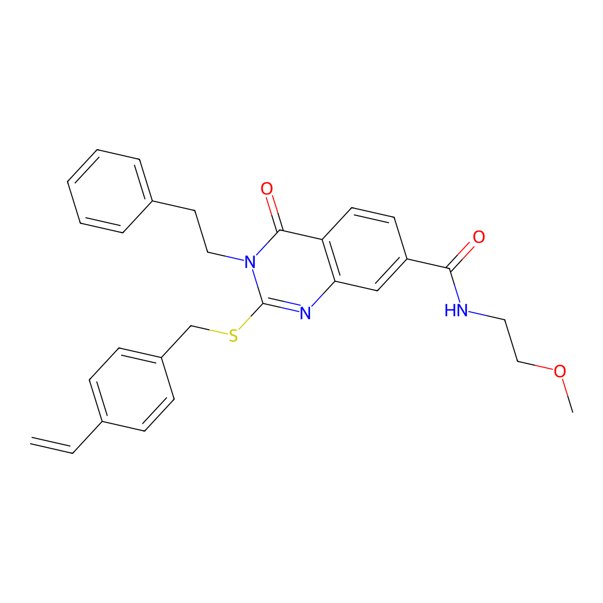 N-(2-methoxyethyl)-4-oxo-3-phenethyl-2-((4-vinylbenzyl)thio)-3,4-dihydroquinazoline-7-carboxamide molecular structure, CAS 1115485-64-7