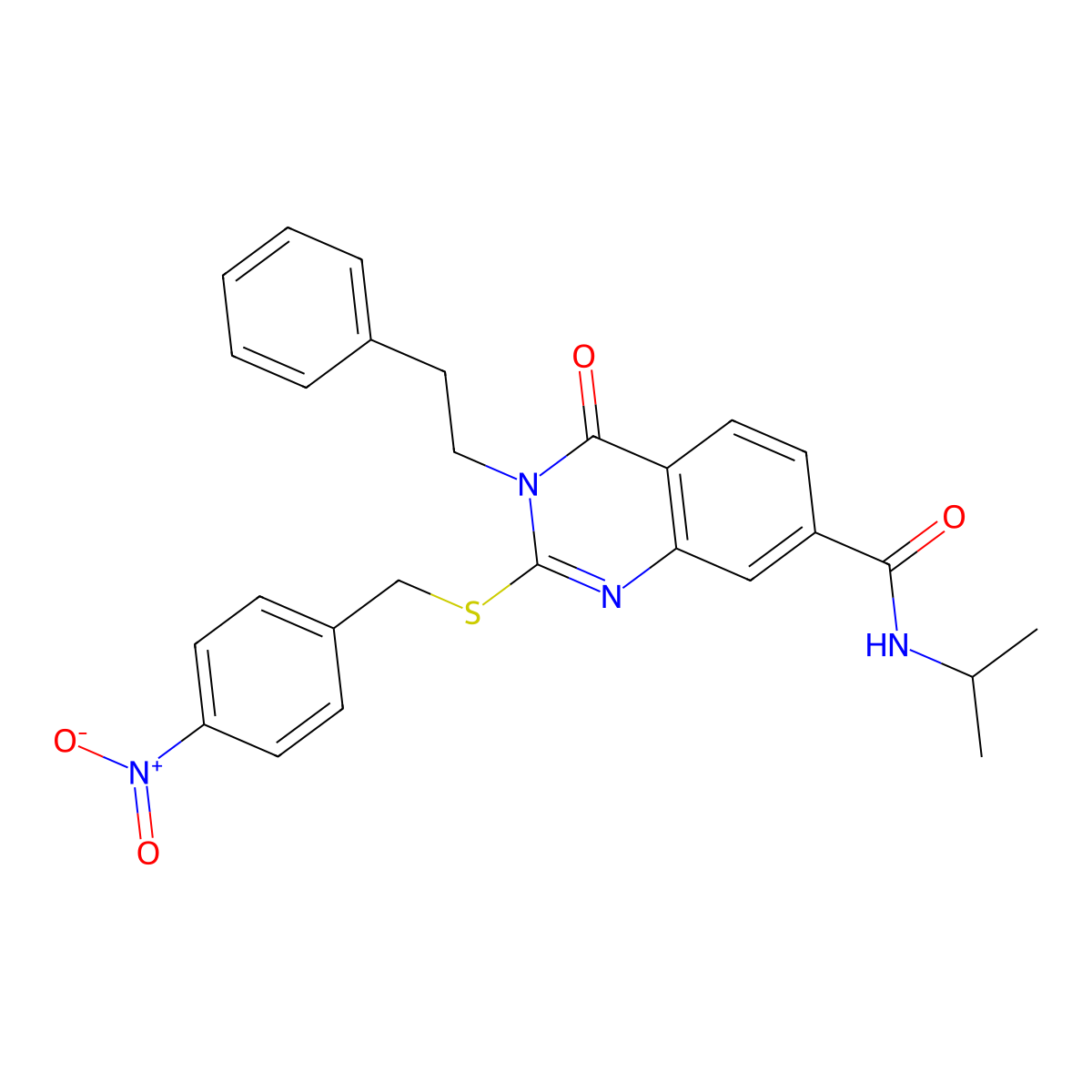 N-isopropyl-2-((4-nitrobenzyl)thio)-4-oxo-3-phenethyl-3,4-dihydroquinazoline-7-carboxamide molecular structure, CAS 1115485-73-8