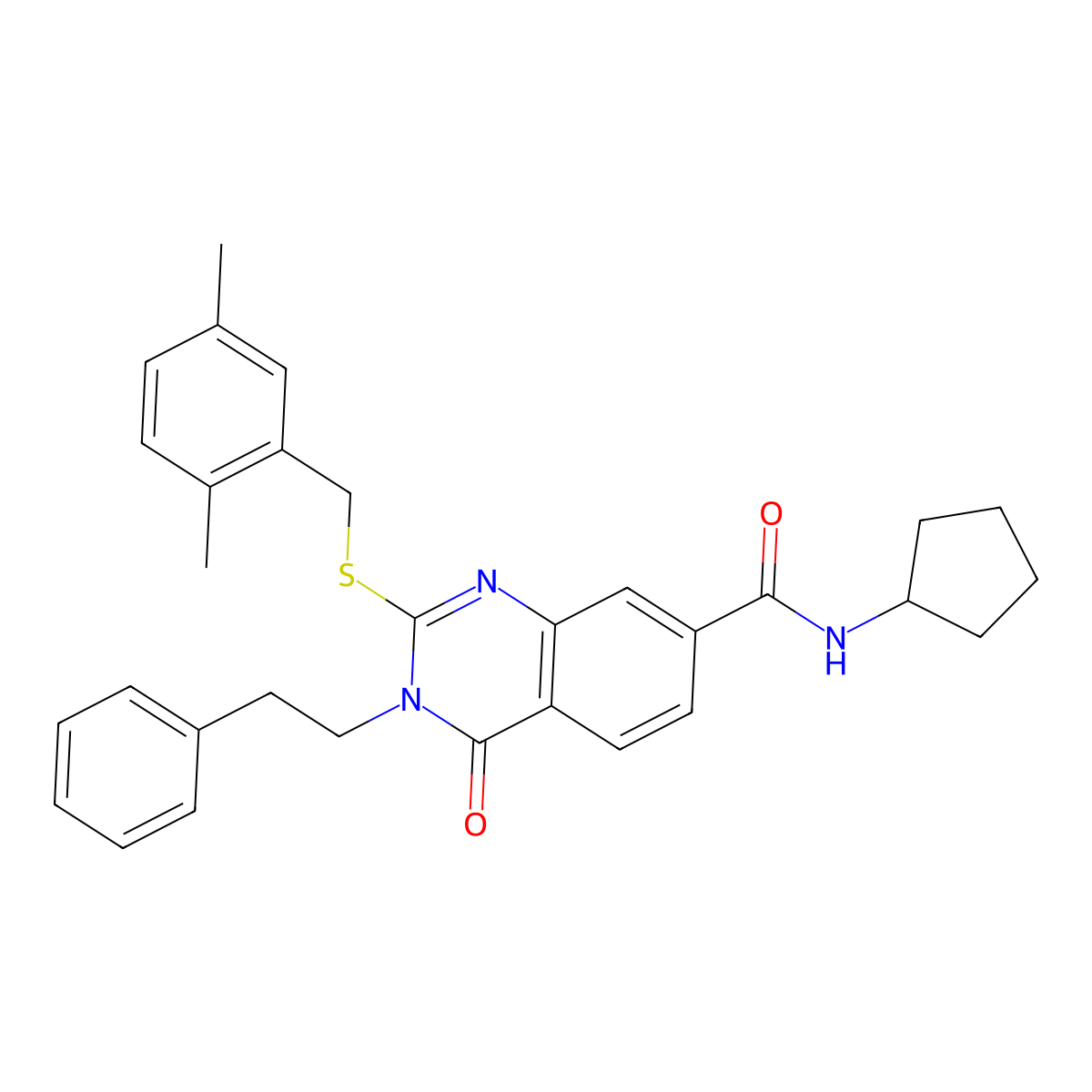N-cyclopentyl-2-((2,5-dimethylbenzyl)thio)-4-oxo-3-phenethyl-3,4-dihydroquinazoline-7-carboxamide molecular structure, CAS 1115485-84-1