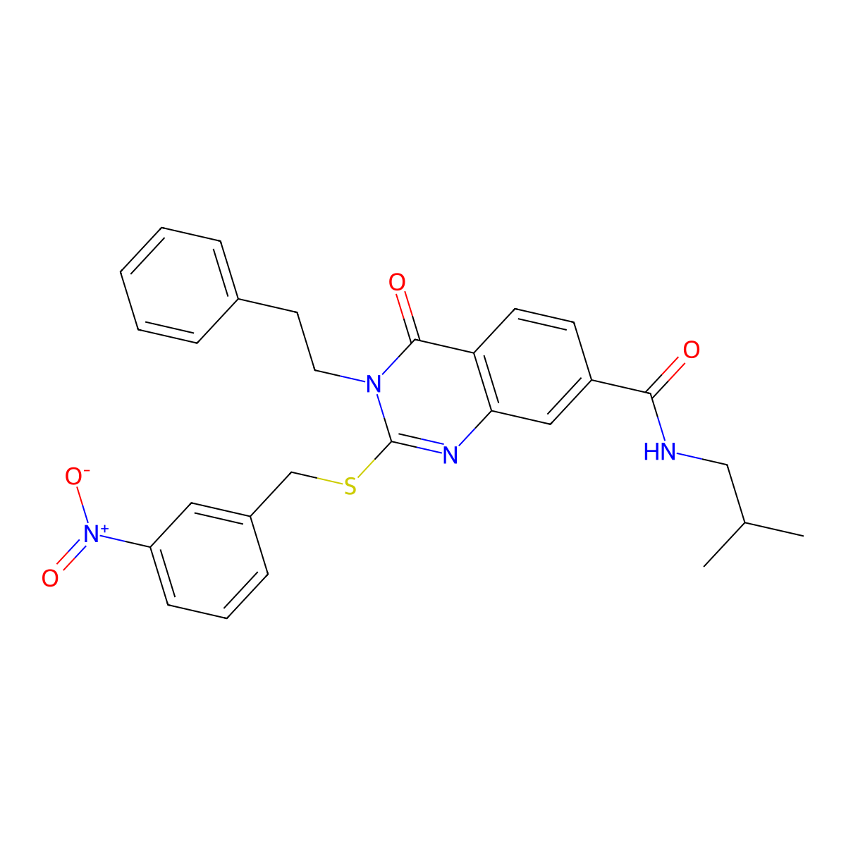 N-isobutyl-2-((3-nitrobenzyl)thio)-4-oxo-3-phenethyl-3,4-dihydroquinazoline-7-carboxamide molecular structure, CAS 1115485-91-0