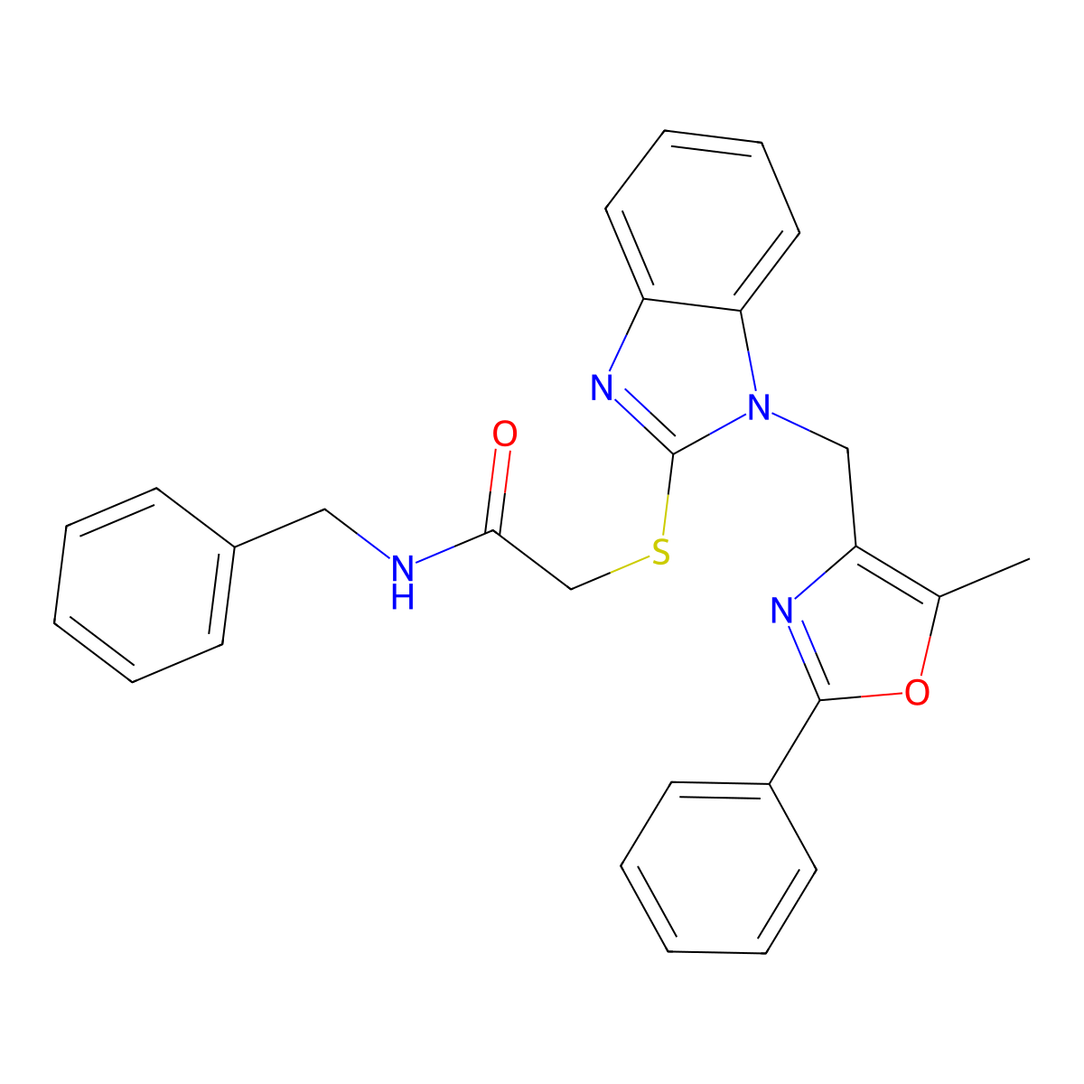 N-benzyl-2-({1-[(5-methyl-2-phenyl-1,3-oxazol-4-yl)methyl]-1H-benzimidazol-2-yl}thio)acetamide molecular structure, CAS 1115490-87-3
