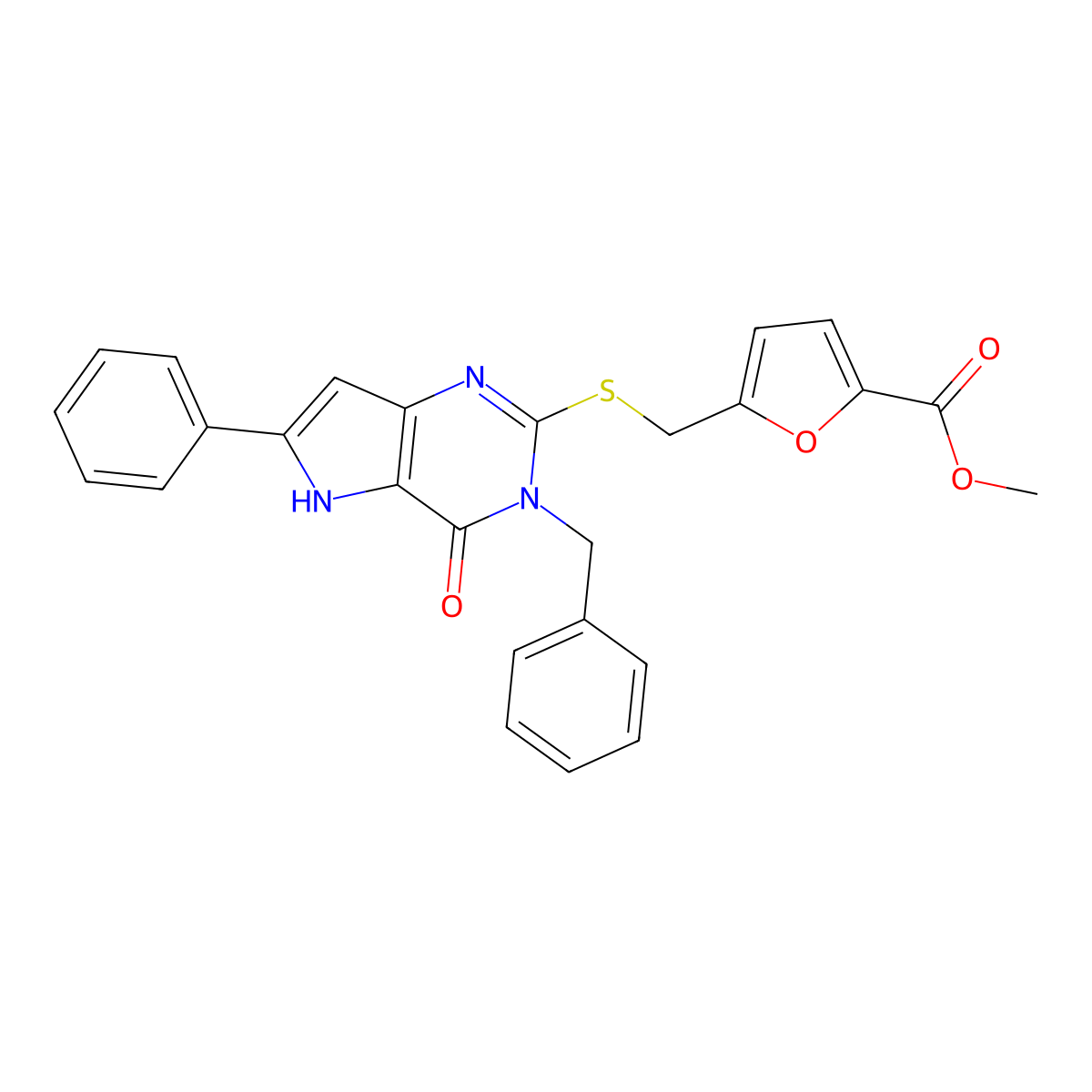 methyl 5-(((3-benzyl-4-oxo-6-phenyl-4,5-dihydro-3H-pyrrolo[3,2-d]pyrimidin-2-yl)thio)methyl)furan-2-carboxylate molecular structure, CAS 1115499-76-7