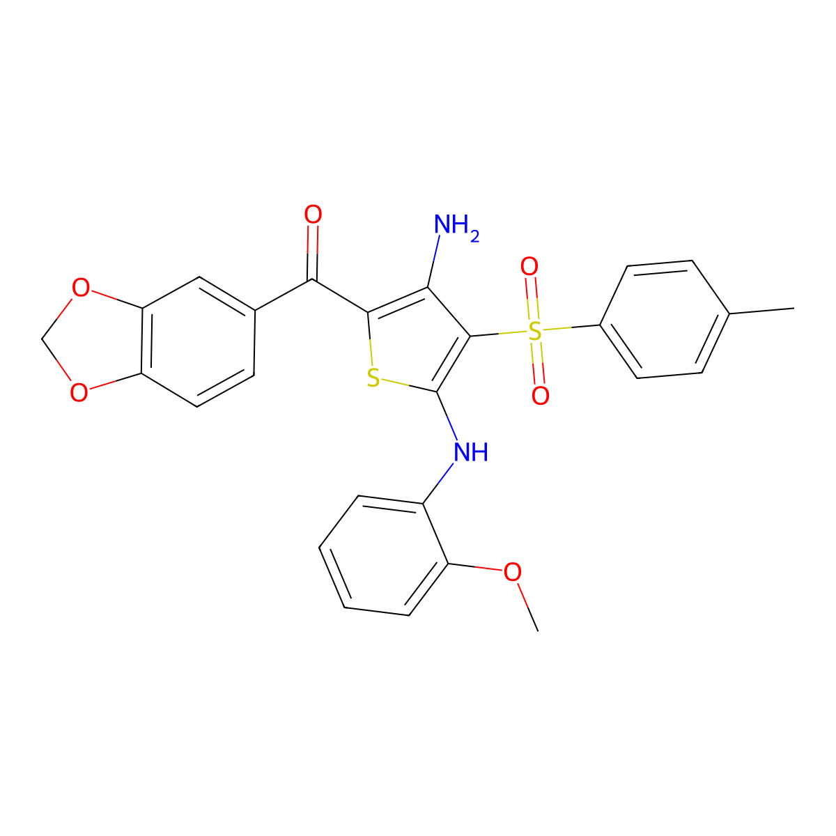 (3-Amino-5-((2-methoxyphenyl)amino)-4-tosylthiophen-2-yl)(benzo[d][1,3]dioxol-5-yl)methanone molecular structure, CAS 1115520-09-6