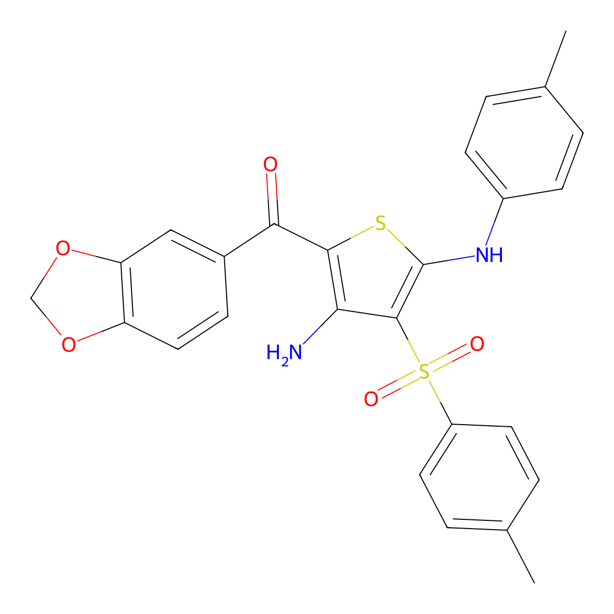 (3-Amino-5-(p-tolylamino)-4-tosylthiophen-2-yl)(benzo[d][1,3]dioxol-5-yl)methanone molecular structure, CAS 1115520-26-7
