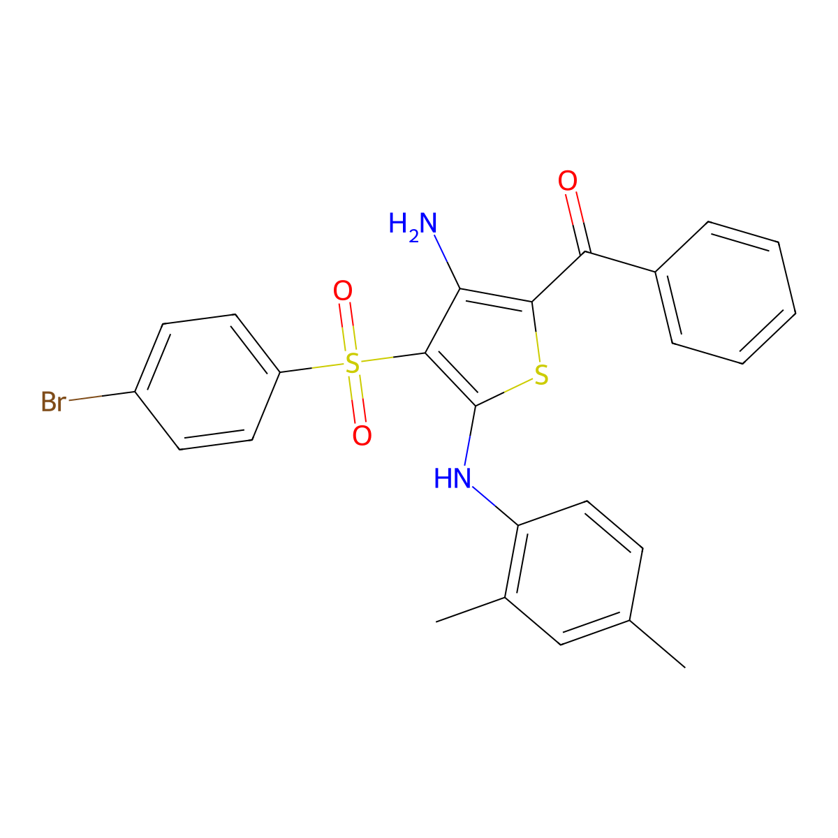 (3-Amino-4-((4-bromophenyl)sulfonyl)-5-((2,4-dimethylphenyl)amino)thiophen-2-yl)(phenyl)methanone molecular structure, CAS 1115521-22-6