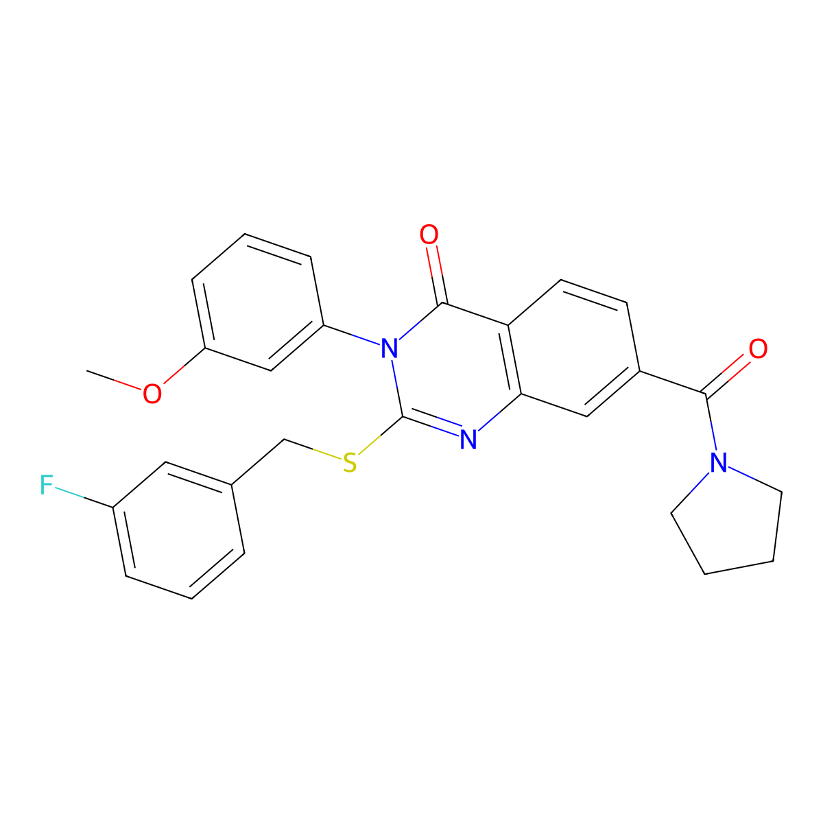 2-((3-fluorobenzyl)thio)-3-(3-methoxyphenyl)-7-(pyrrolidine-1-carbonyl)quinazolin-4(3H)-one molecular structure, CAS 1115525-72-8