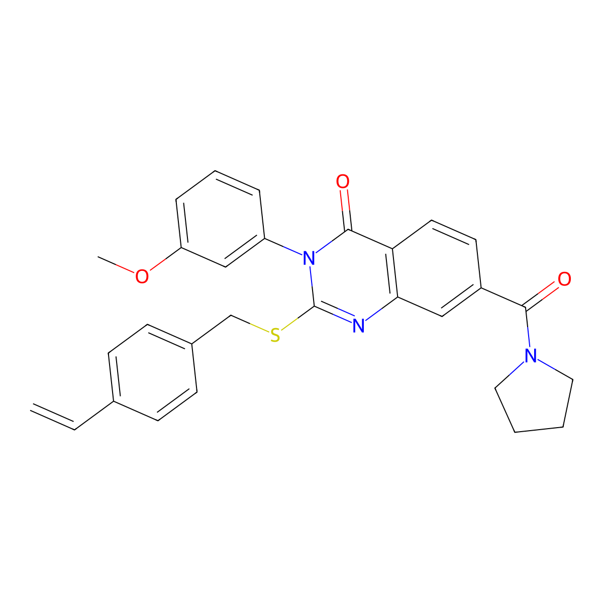 3-(3-methoxyphenyl)-7-(pyrrolidine-1-carbonyl)-2-((4-vinylbenzyl)thio)quinazolin-4(3H)-one molecular structure, CAS 1115525-75-1