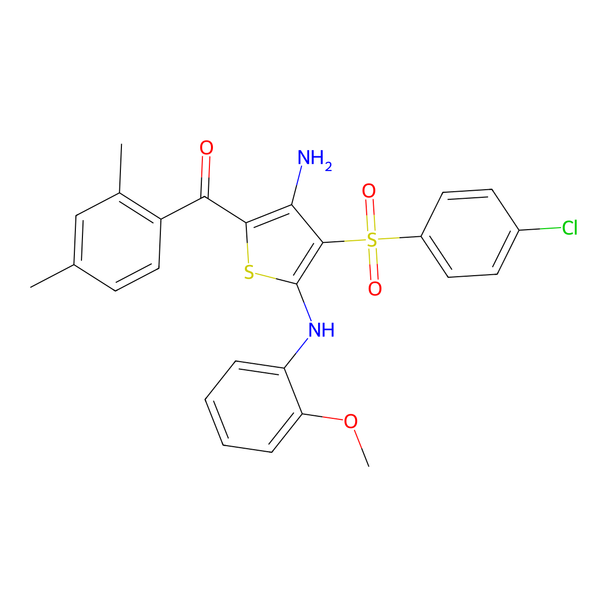 (3-Amino-4-((4-chlorophenyl)sulfonyl)-5-((2-methoxyphenyl)amino)thiophen-2-yl)(2,4-dimethylphenyl)methanone molecular structure, CAS 1115548-51-0